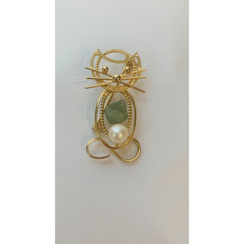 VTG Gold Tone KITTY CAT BROOCH/ PIN w Faux Pearl & Green Stone 1.5"